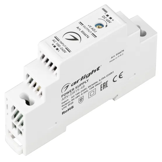 Фото товара Блок питания ARV-DR15-48 (48V, 0.32A, 15W) (Arlight, IP20 DIN-рейка)