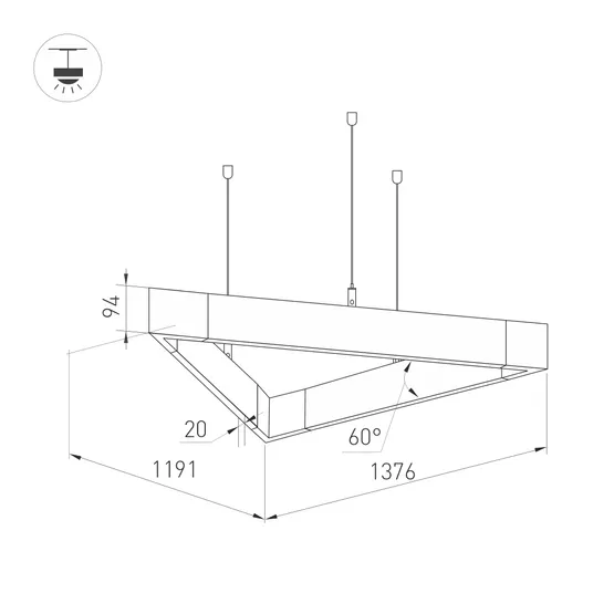 Фото #2 товара Светильник ALT-LINEAIR-TRIANGLE-FLAT-UPDOWN-DIM-1375-130W Day4000 (BK, 100 deg, 230V) (Arlight, IP20 Металл, 3 года)